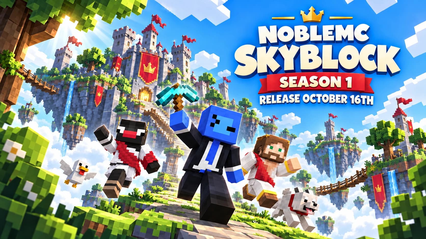 NobleMC Skyblock Season 1 release artwork with floating islands, a castle, and the NobleMC team