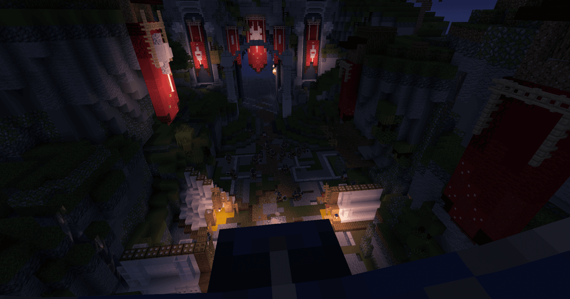 Nighttime fortress overlook above a NobleMC dungeon courtyard