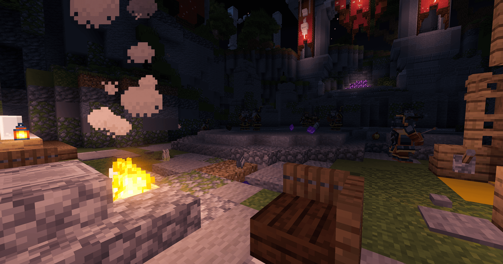 Dungeon courtyard with enemies and campfire lighting in NobleMC
