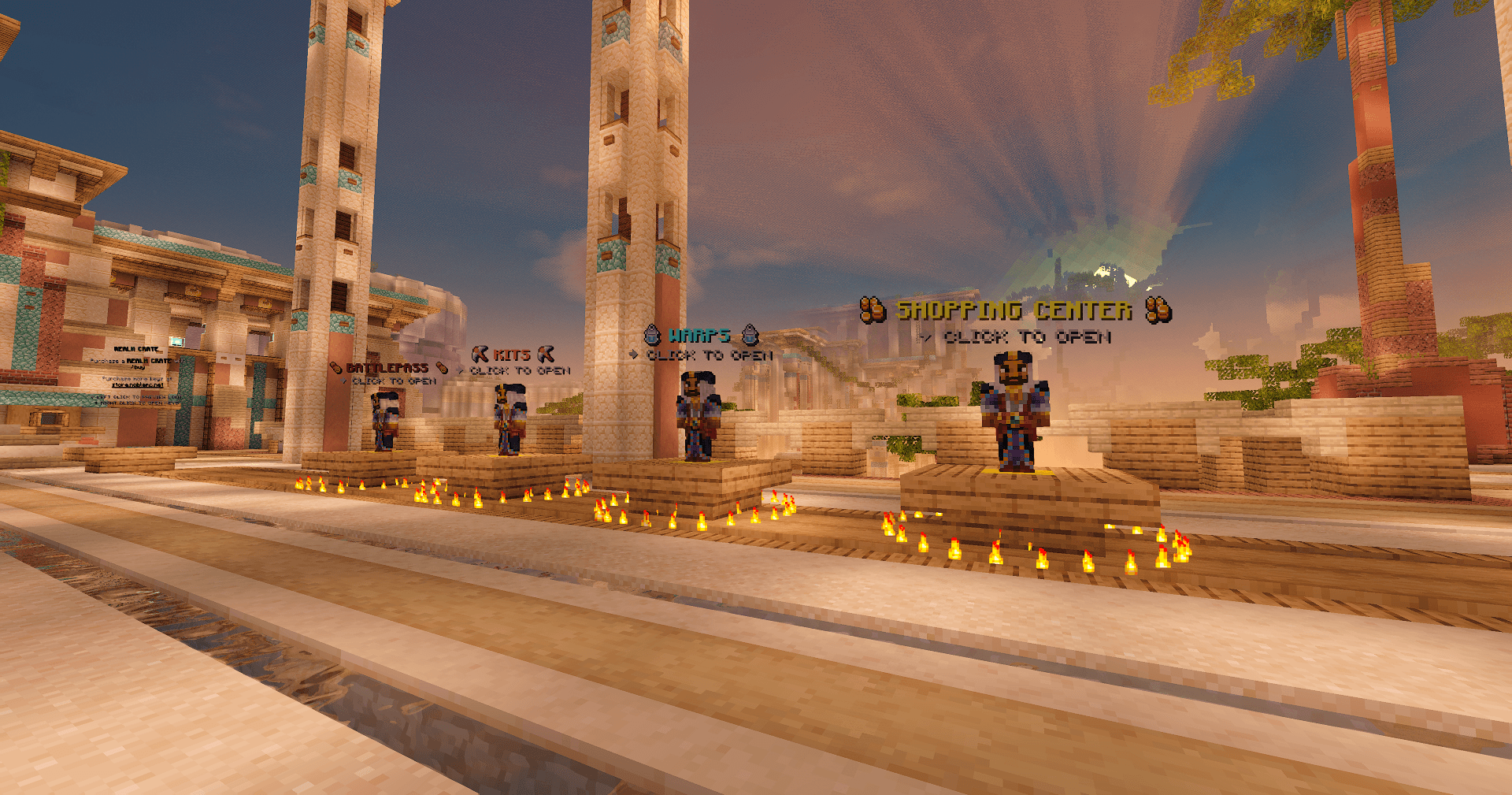 Server NPC lane with shopping center, warps, kits, and battlepass in NobleMC