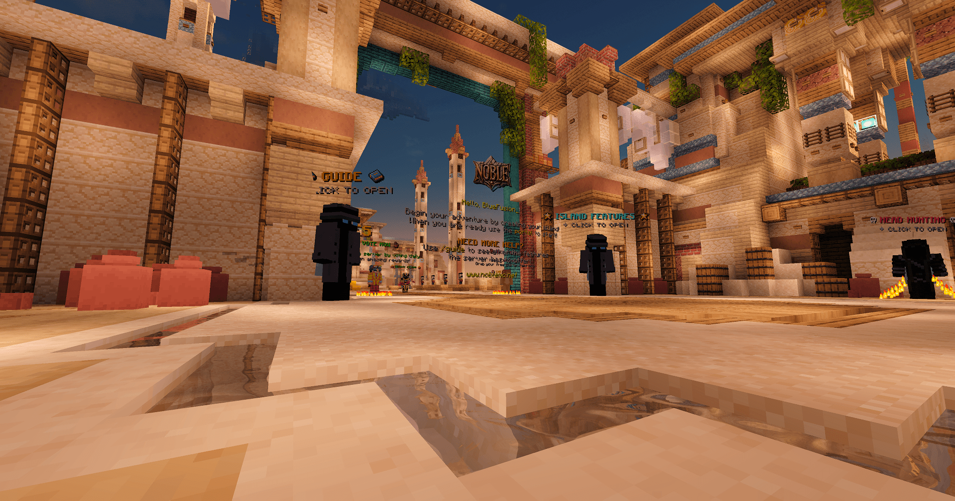 Spawn courtyard with guide and island features NPCs in NobleMC