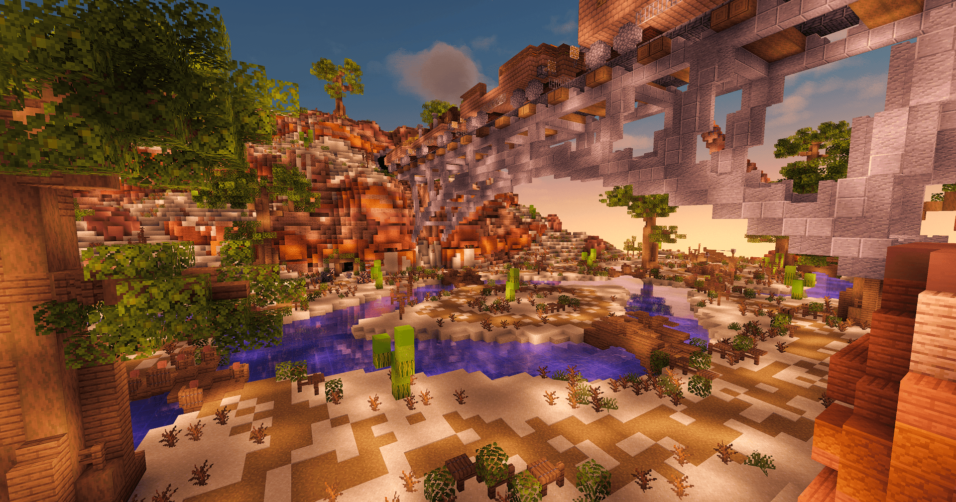 Warp PvP canyon with bridges and water in NobleMC